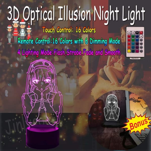 Zero Two, 3D Optisk Nattlampe for Barn, Japansk Animefigur