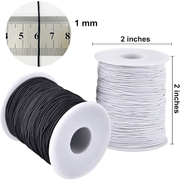 Elastisk snor til armbånd, 2 ruller 1 mm robust elastisk snor til smykkefremstilling, halskæder, perlearbejde sort og hvid Black and White