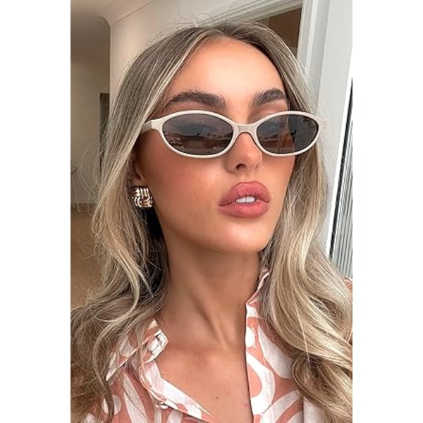 Retro soikeat aurinkolasit naisille, tyylikkäät kissansilmälasit 90-luvulta, kevyet kapeat sävyt, trendikkäät UV-suoja aurinkolasit Khaki Frame - Brown Lens