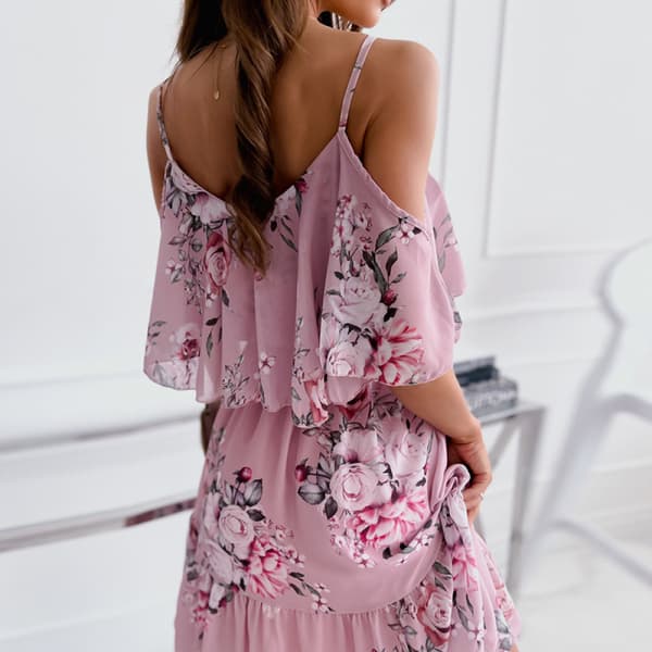Off Shoulder Hengende Stropp Trykket Chiffon Kjole (Rosa XL)