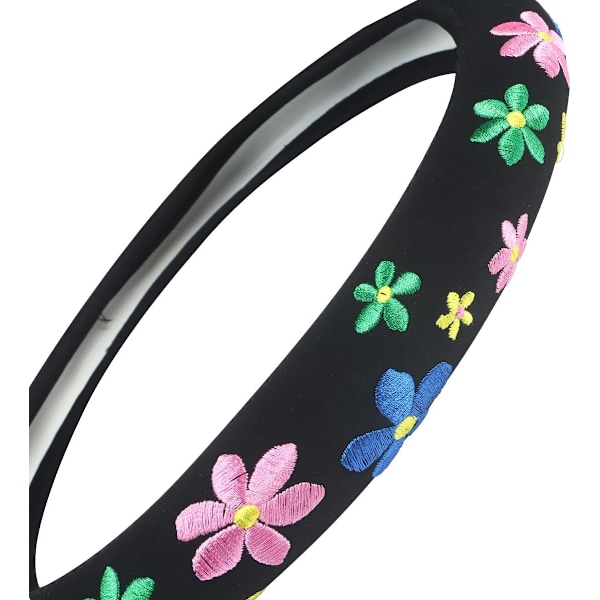Broderad Söt Rattkåpa - Lyxig Blommig Bilinredning, Halkfri, Svettabsorberande, Universal 15 tum