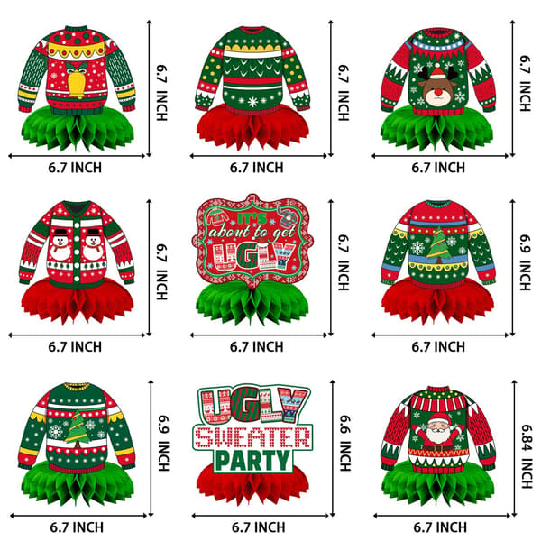 Jule grim sweater bordpynt, 9 stk. 3D honeycomb topper, feriefestdekorationer til julefester Ugly Sweater