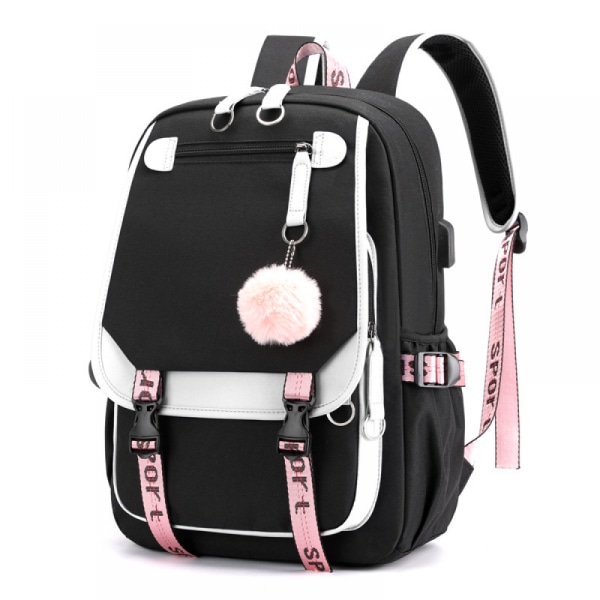 Ryggsäck för tonårsflickor Mellanstadiestudenter Bokväska Outdoor Daypack med USB laddningsport (21 liter, vit svart)