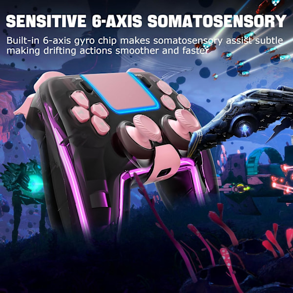 Trådlös handkontroll för PS4 med Hall 3D-joysticks/RGB LED-lampor/programmeringsfunktion, rosa PS4-handkontroll fjärrkontroll joystick gamepad, spelkontroll för P Pink