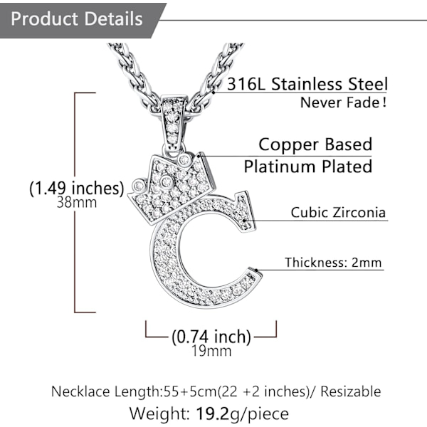 Krone Initial A-Z Halskjede, Iced Out Bokstavanheng med 22-24 Tommers Kjede, Menn Kvinner Bling Hip Hop Alfabet Navn Smykker Gave Store Initialer Halskjeder C Silver