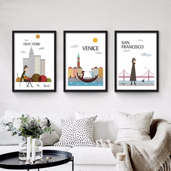 Minimalistisk Stadslandskap 2 Väggkonst Canvas Print Poster, Simple Fashion Watercolo