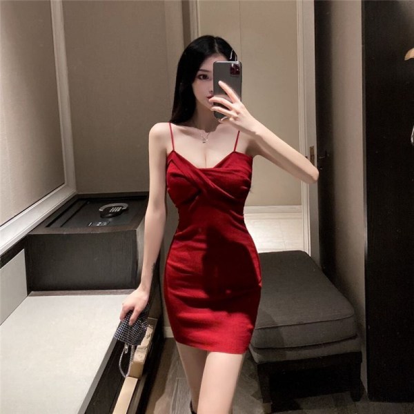 Rumpa ärmlös kort klänning klänning dam höftklänning (röd)