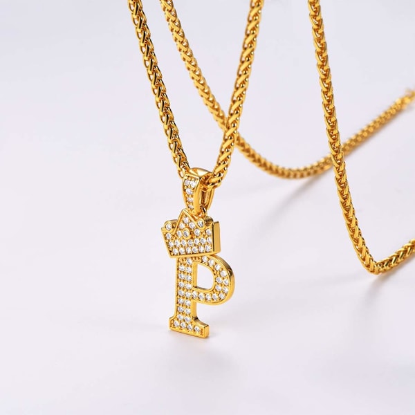 Krone Initial A-Z Halskæde, Iced Out Bogstav Vedhæng med 22-24 Tommer Kæde, Mænd Kvinder Bling Hip Hop Alfabet Navn Smykker Gave Store Initialer Halskæder P 18K Gold