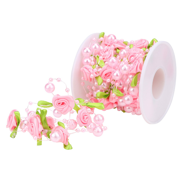 5m/rulle Grön blad ros konstgjord pärla sträng pärlor girlang DIY bröllopsdekoration (rosa)