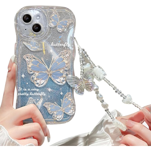 Kompatibel med iPhone til kvinder/piger, sød sommerfugl glitter bling med armbånd anti-ridse stødsikkert etui til iPhone, blå med armbånd Blue iPhone 15 Pro