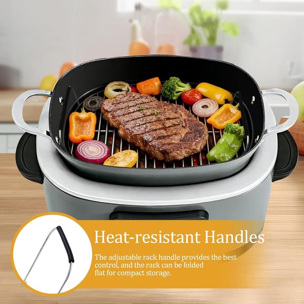 8L Rund Damp- og Stekerist i 304 Rustfritt Stål med Silikonføtter og Sammenleggbare Håndtak Silver - Silicone Handle
