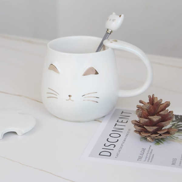 Katt Krus Søt Kaffekrus gave til katteelskere Keramisk Kopp, Nyhet Krus med Lokk og Rustfritt Stål Skje, Jule Bursdagsgaver P White