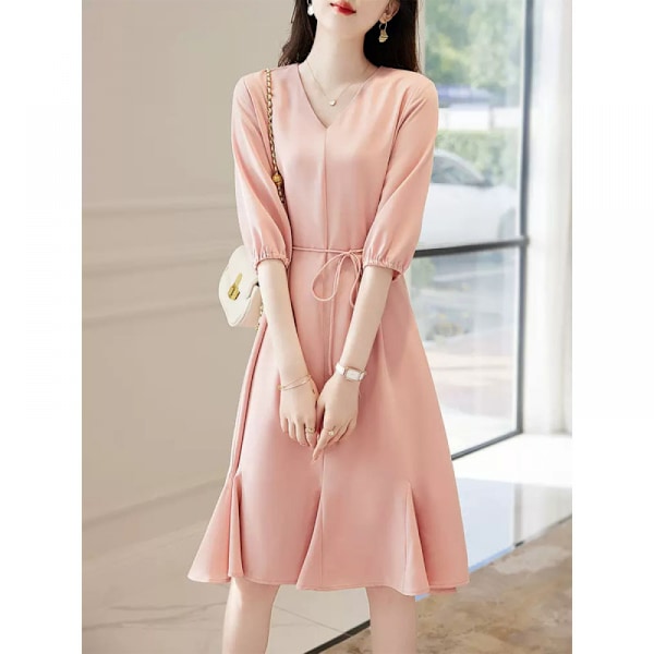 Mini kjole Solid Loose Short Flowy plisserede kjoler (Pink L)