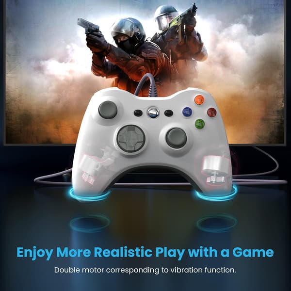 PC-kablet controller, spilcontroller til Xbox 360 med dobbelt vibrations-turbo, kompatibel med Xbox 360/360 Slim og PC Windows 7,8,10,11 (hvid) White