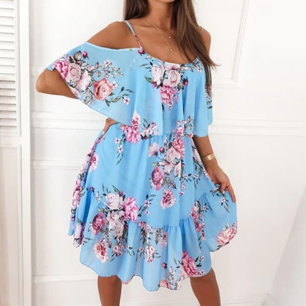 Off Shoulder Hængende Strop Printet Chiffon Kjole (Blå M)