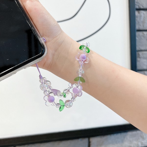 2 stk. Blomster Telefon Charm Sød Telefon Charms Rem Strikkede Telefon Nøglering Perle Telefon Lanyard Purple&Green