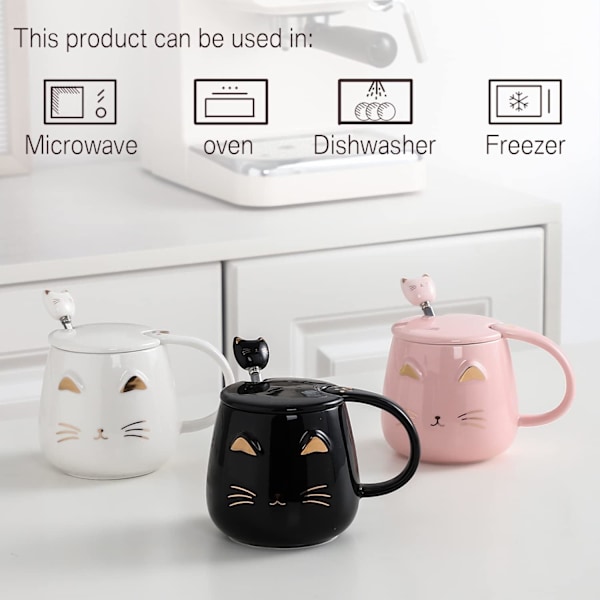 Katt Krus Søt Kaffekrus gave til katteelskere Keramisk Kopp, Nyhet Krus med Lokk og Rustfritt Stål Skje, Jule Bursdagsgaver P Pink