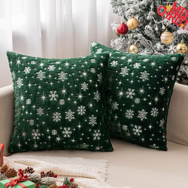 Sæt med 2 18×18\" bløde pyntepudebetræk i imiteret pels til jul - Sølv snefnug glimmer julepudebetræk til sofa og seng Green