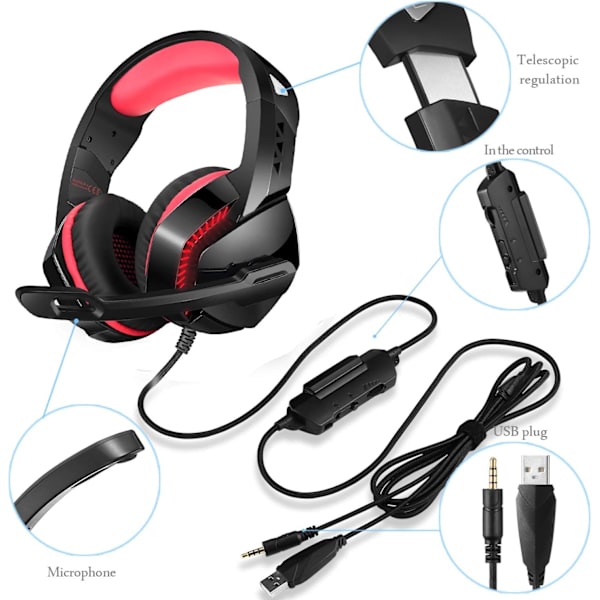 PS4 Gaming Headset med 7.1 Surround Sound, PC Headset med støjreducerende mikrofon og LED-lys, H3 Over Ear-hovedtelefoner til Nintendo Switch, PS5, Xbox On Black Red