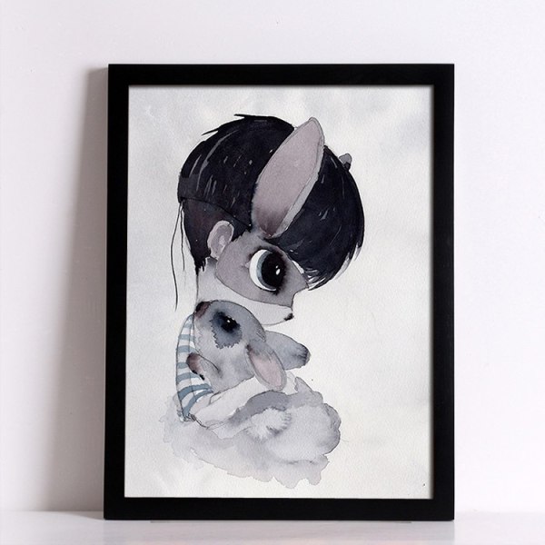 Rabbit Girl and Boy Wall Art Canvas- print , yksinkertainen söpö akvarellitaide Dra