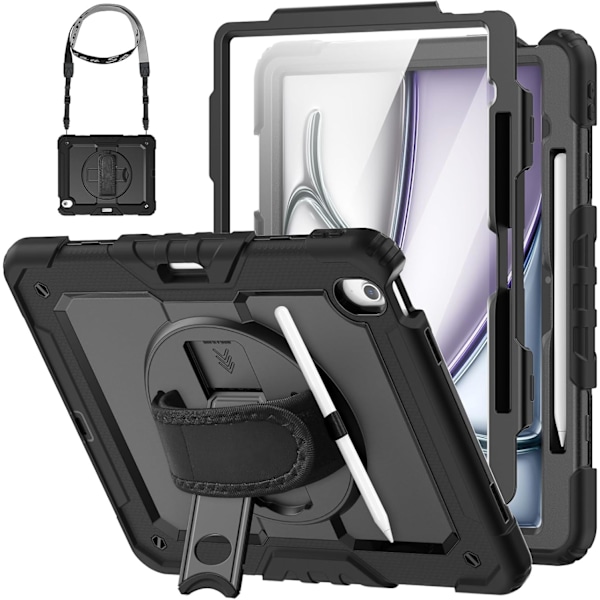 Etui for iPad Air 13 tommer (M3 2025) & (M2 2024), Sh0ckproof Design med Blyantholder/Skjermbeskytter/Roterende Håndstropp, Beskyttelse Black New iPad Air 13 20242025