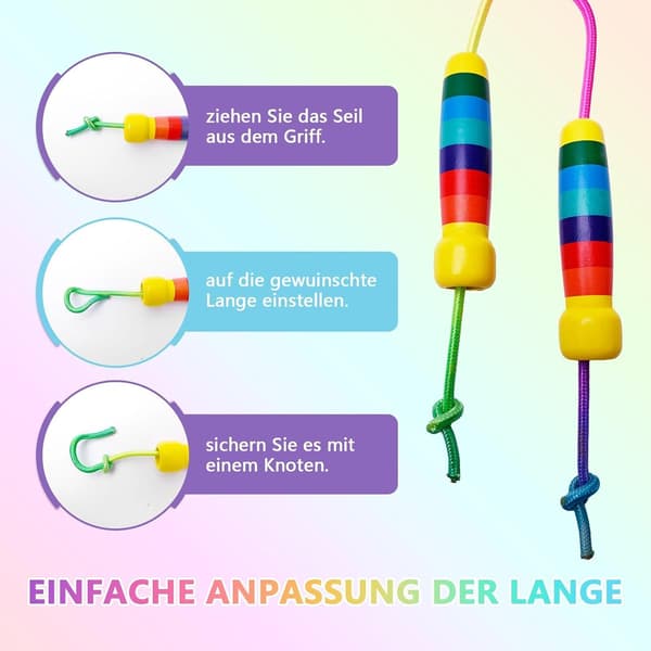 Hoppetau for barn, gutter og jenter - Justerbar lengde med trehåndtak - 7 regnbuefarger (280 cm) 2.8m