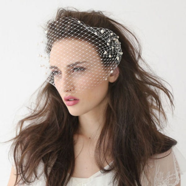 Brudslöja med pärlkam 1920-talets flapper fascinator mesh slöja enkelsidig fågelbur slöja för bröllop（Elfenben 02）