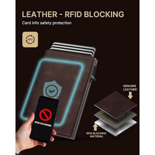 Herre pung kortholder: Pop-up aluminium etui, RFID-blokering, kulfiberlæder, smart, slank, minimalistisk, forlomme - 9-14 kortkapacitet | ID W ‏‏‎ ‎‏‏‎ ‎‎Dark Brown