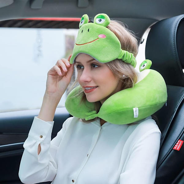 Muistivaahtoinen eläinmatkatyyny, mukava niskatyyny söpöllä silmänaamiolla, kevyt matkatyyny lentokoneeseen, autoon, junaan, bussiin ja kotikäyttöön Frog