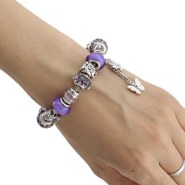 Dam Charm Armband, Fjäril Tofs Hänge, Ametist