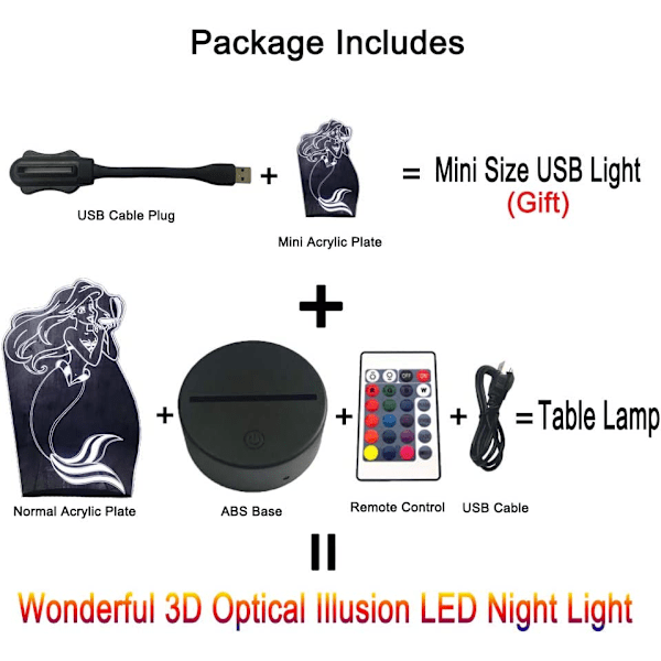 Vakker Den Lille Havfrue Leke Prinsesse Ariel RGB 3D Illusions Nattlys Romantisk Jenteleker LED Skrivebordslampe Bursdagsgave Barfest Hjemmedekor C