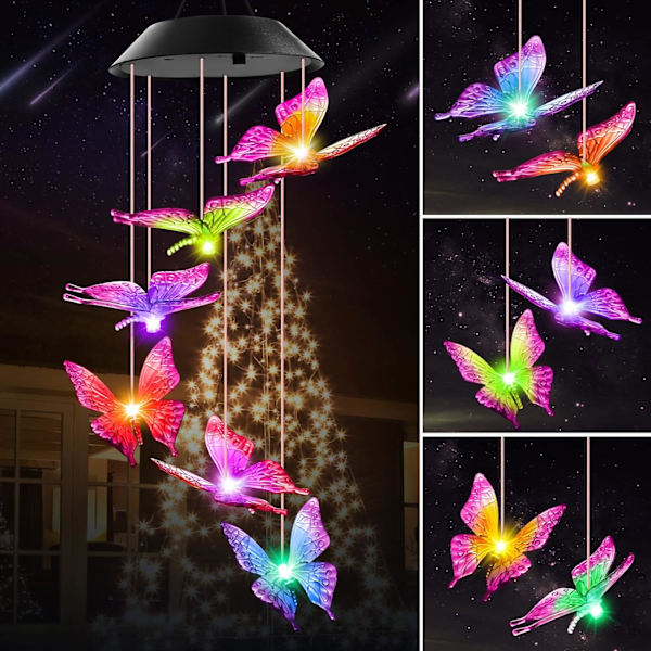 Äitienpäivälahjat äidille ja isoäidille, perhosaurinkokellot ulkotiloihin, aurinkovalot ulkokoristeisiin, ripustettava mobiili puutarhaan, terassille, pihalle, kuistille butterfly