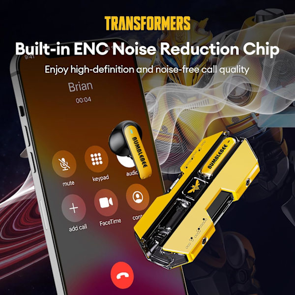 Transformers TF-T01 True Wireless Earbuds Bluetooth 5.4 Hodetelefoner Bass Stereo Øretelefoner, Bluetooth Ørepropp i Øret Støydempende Mikrofon, 60H Spilletid Bumblebee