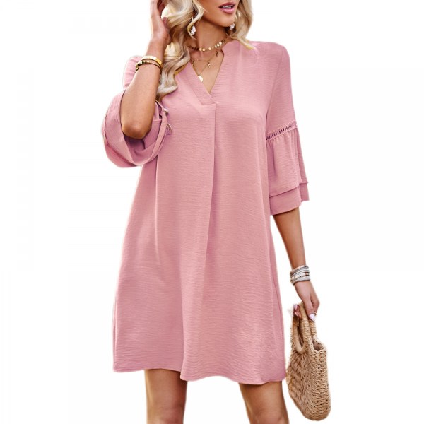 Neck Puff Sleeve Solid Color Loose Flowy Mini Dress (Pink XL)