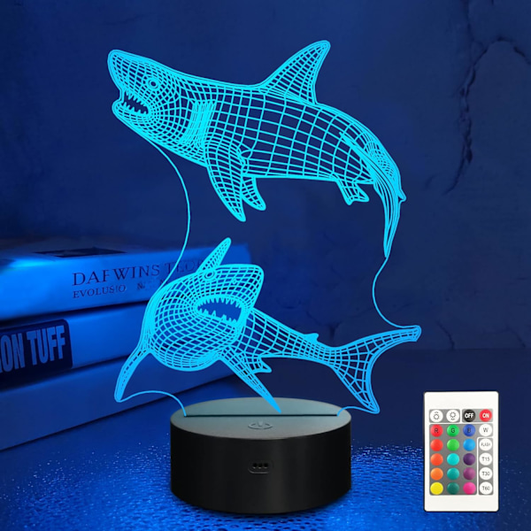 Barn 3D Haj Nattlampa Optisk Illusionlampa med 16 Färger Fjärrkontroll Bytbar Födelsedagspresent Idé för Pojkar och Flickor