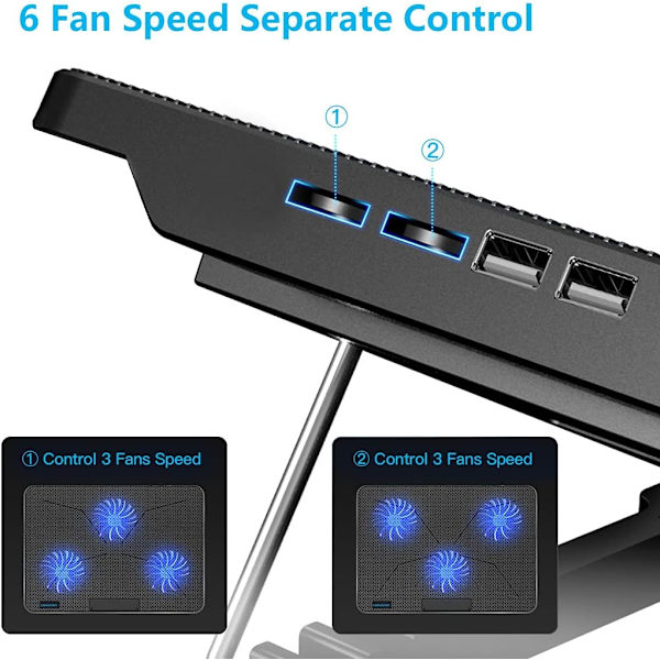 Bærbar kølepude, bærbar køler med 6 stille ventilatorer til 12-17 tommer bærbar computer gaming ventilator stabil stand, 7 højde og vindhastighed justerbar, 2 USB-port og P