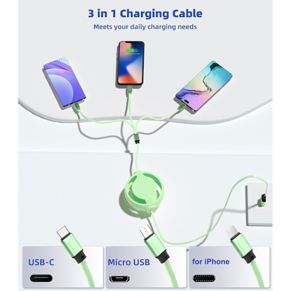 3-i-1 Retraktil Laddningskabel [3A, 1m] Multi USB-kabel Snabbladdare för Telefon, Samsung, iPad, Surfplattor, Switch och Mer Green