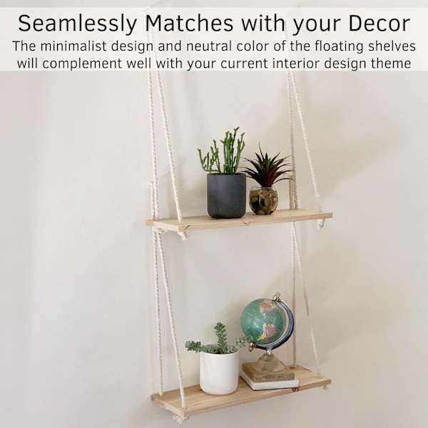 Riippuvat hyllyt seinälle kelluvat hyllyt, Macrame-köysi kolmiohylly, luonnonvaloinen kierrätetty puu, Boho-asuntolan olohuoneen makuuhuoneen sisustus 2 pcs