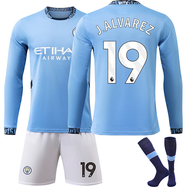 24-25 Manchester City Koti Pelipaita Pitkähihainen Jalkapallopaita Lasten Jalkapalloasu No.19 J.Alvarez M