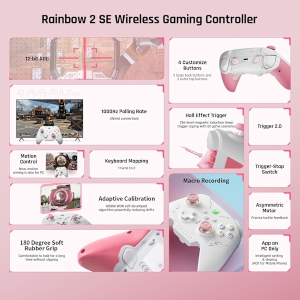 Trådløs Controller, BIGBIG WON Rainbow 2 SE, Hall Effect Trigger, 12-bit ADC, 3 Sæt Joysticks, 4-vejs & 8-vejs D-pad Controller til Switch/PC/Android/iOS Pink