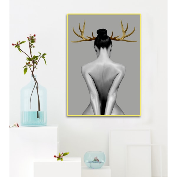Älg flicka väggkonst canvas print affisch, enkla mode svarta och vita tecken