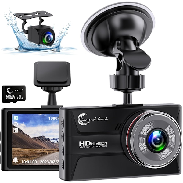 1080P Dash Cam fram och bak med 32 GB SD-kort, dubbel dashkamera för bilar, 3” IPS-skärm Dashcam med typ-C-port, WDR, G-sensor, loop-inspelning, 24 timmars T