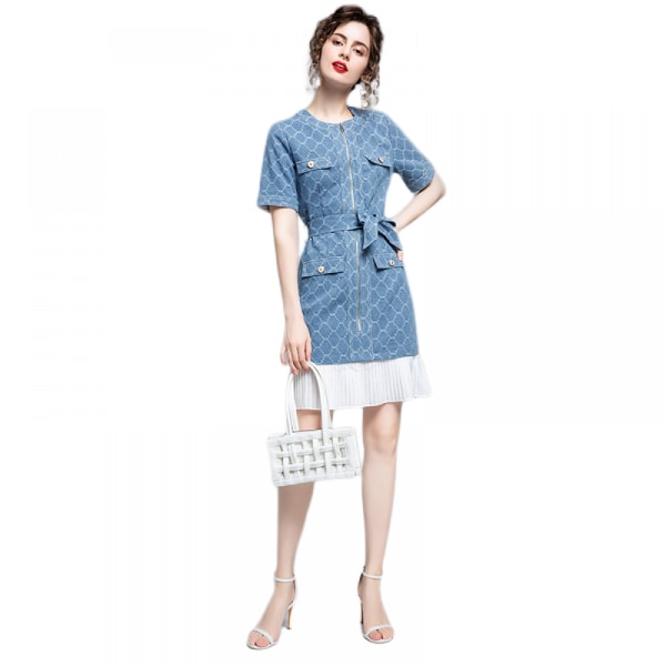 red Waistband Short Sleeved A-Line Jeans Denim Dress(Blue L)