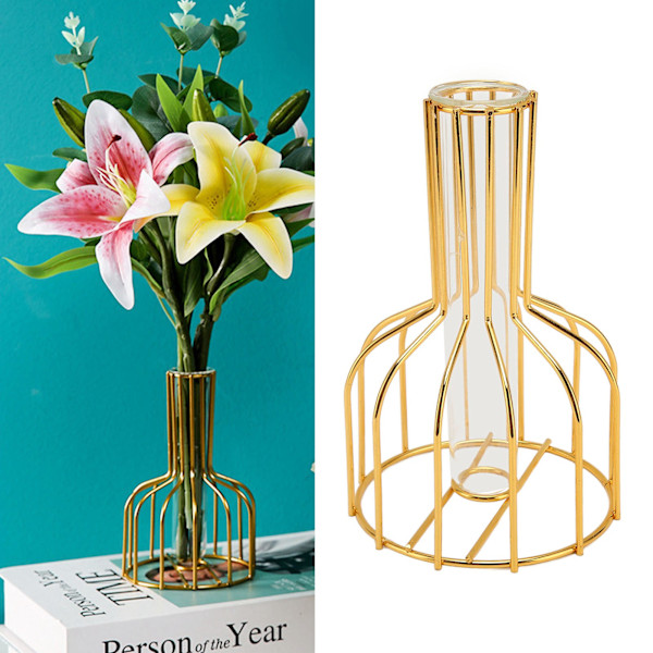 Metal Flower Vase Hollow Modern Elegant Golden Separate Design Clear Glass Flower Vase Ornament for Home