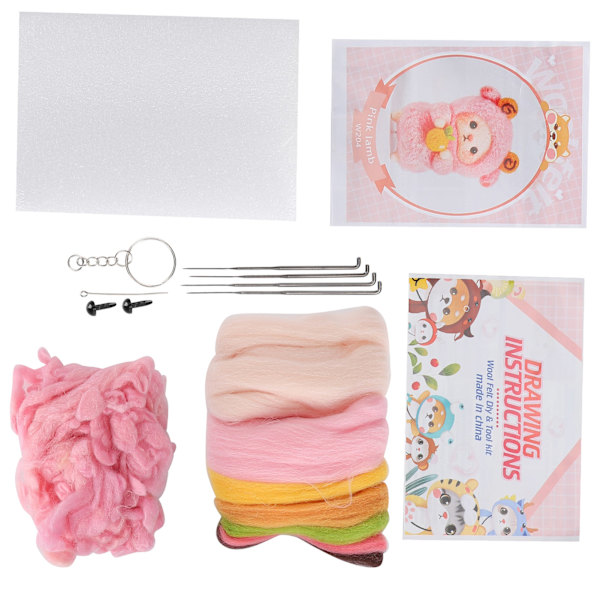 Nålfiltning Färgglad Fårdocka DIY Tillverkningsmaterialpaket med Ritningar och Poke Tool204# Rosa