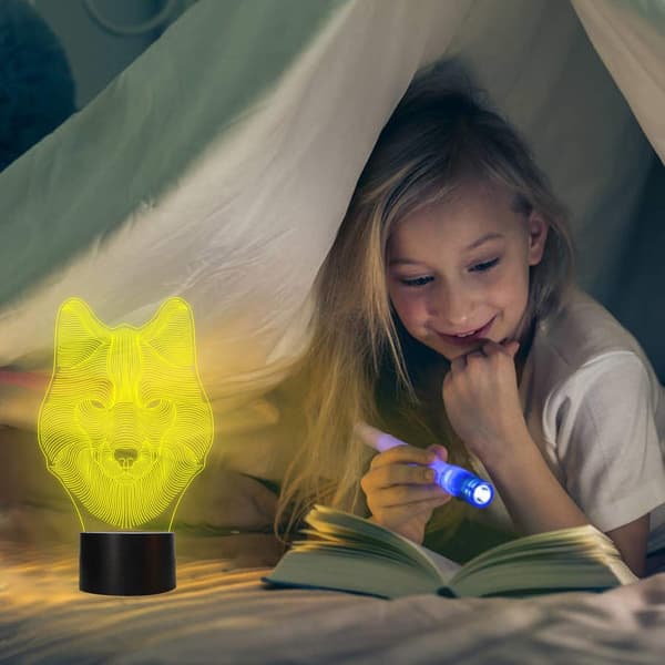 Wolf 3D Lamper, Bagvhandbagro Ulv Natlampe, 7 LED Farver
