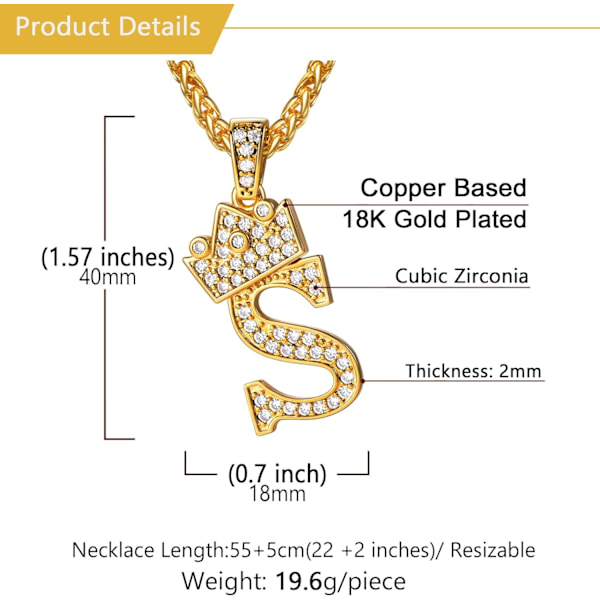 Krone Initial A-Z Halskæde, Iced Out Bogstav Vedhæng med 22-24 Tommer Kæde, Mænd Kvinder Bling Hip Hop Alfabet Navn Smykker Gave Store Initialer Halskæder S 18K Gold