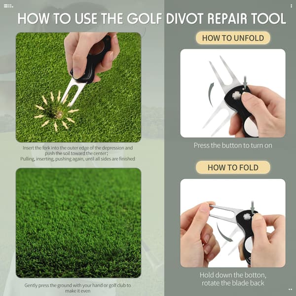 4-delt foldbart divot-reparationsværktøj med magnetisk boldmarkør, rustfrit stål springknivdesign til golftilbehør, gaver og præmier Black