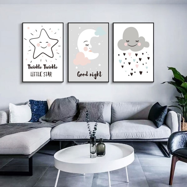 Cute Cartoon Stars Moon Cloud Wall Art Canvas Print Plakat, Simple Fashion Waterc