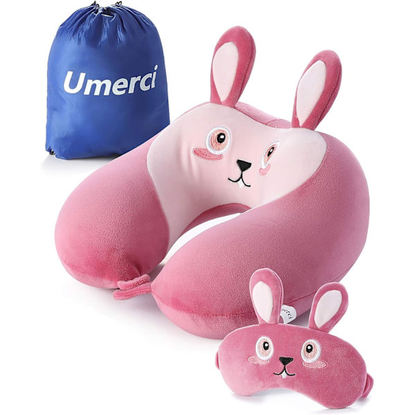 Muistivaahtoinen eläinmatkatyyny, mukava niskatyyny söpöllä silmänaamiolla, kevyt matkatyyny lentokoneeseen, autoon, junaan, bussiin ja kotikäyttöön Bunny